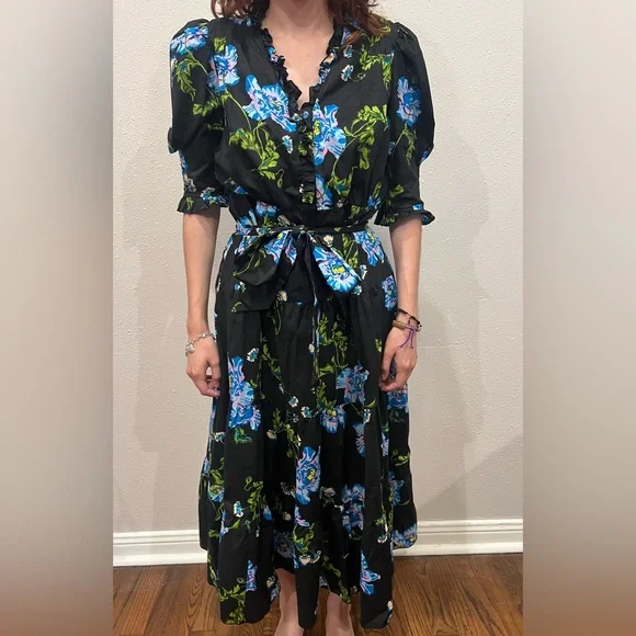 Diane Von Furstenberg | Deacon Floral Puff Sleeve Cotton Midi Dress Floral Black - Picture 2 of 15